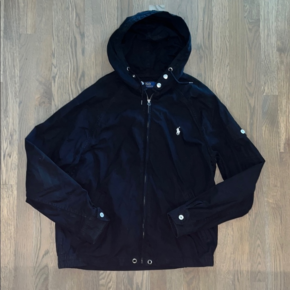 Black polo Ralph lauren rain coat with a hood